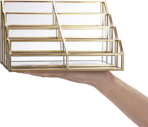 Hipiwe 8 Mirrored Glass Business Card Holder Gold Business Card Display Stand for Desk Multiple Clear Business Card
