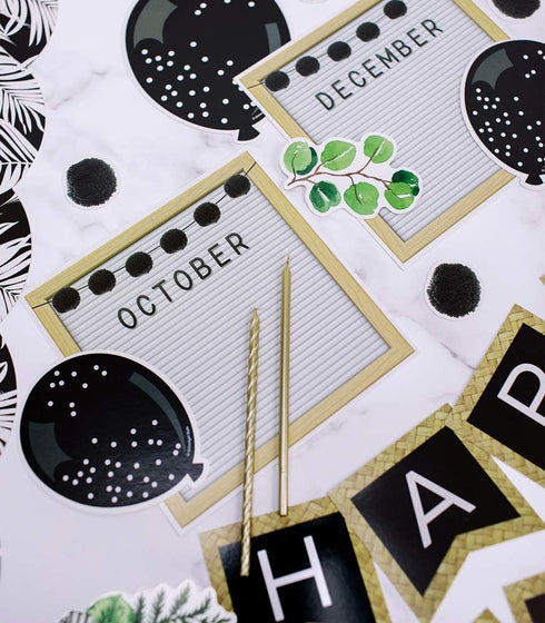 Schoolgirl Style Simply Boho 89-Piece Happy Birthday Bulletin Board Set with 12-Month Signs, Poms, and Cutouts