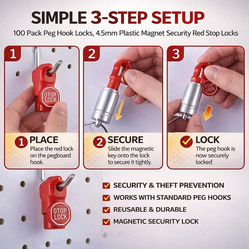 Generic 100 Pack 4.5mm Peg Hook Locks, Plastic Magnet Security Red Stop Locks, Anti-Theft Pegboard Display Lock