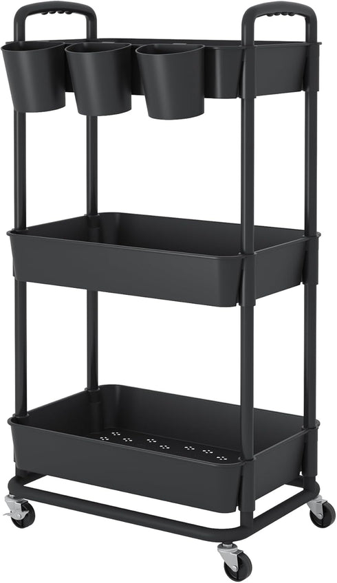 JIUYOTREE 3-Tier Plastic Rolling Storage Cart, Utility Cart with Extra Hanging Cups and Lockable Wheels for Kitchen and