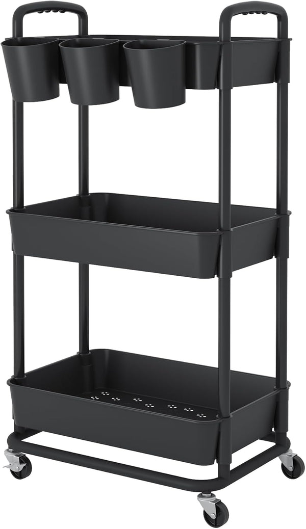 JIUYOTREE 3-Tier Plastic Rolling Storage Cart, Utility Cart with Extra Hanging Cups and Lockable Wheels for Kitchen and