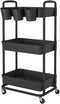 JIUYOTREE 3-Tier Plastic Rolling Storage Cart, Utility Cart with Extra Hanging Cups and Lockable Wheels for Kitchen and