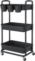 JIUYOTREE 3-Tier Plastic Rolling Storage Cart, Utility Cart with Extra Hanging Cups and Lockable Wheels for Kitchen and