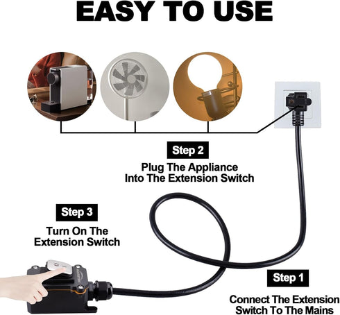 Heavy Duty Waterproof Extension Cord with On/Off Switch, 3-ft 16AWG Cable Piggyback Plug, AC/DC