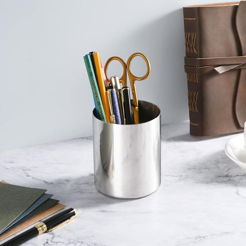 Silver Pencil Holder for Desk, 304 Stainless Steel Pen Cup, Makeup Brush Holder, Stationery Organizer