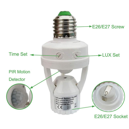 Taigeguang Socket,E26 E27 Bulb (3 Pack) Motion Sensor Light PIR Motion Screw Adapter Indoor Use Only, Auto On Off Night