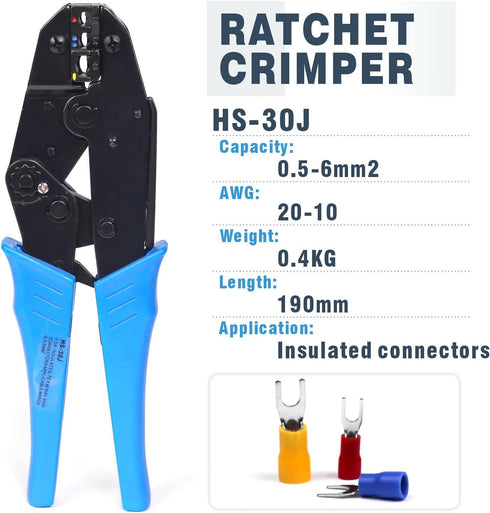 HS-30J Professional Insulated Wire Terminals Connectors Ratcheting Crimper Tool, Wire Crimp Tool, Crimping Pliers 20-10AWG(0.5-6mm )