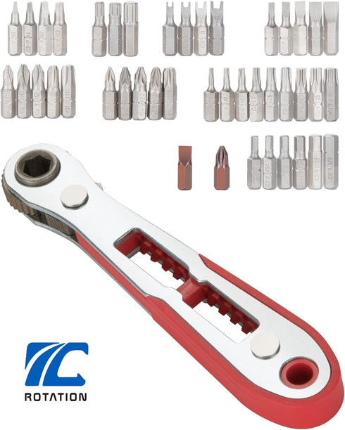 ROTATION 44pc Bit Set, 1/4 Mini Ratchet Offset Screwdriver, Portable Case, CR-V Steel, Multi Hex/Phillips Bits