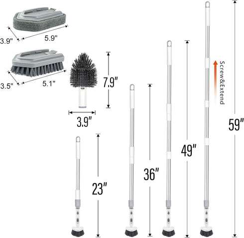 4 Heads,59" ITTAHO Tile Tub Scrubber Brush with Cleaning Long Handle Stiff Bristles Scrub Brush with Extendable Pole