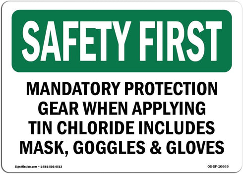 OSHA Safety First Sign - Mandatory Protection Gear When Applying | Vinyl Label Decal for Business, Work Site
