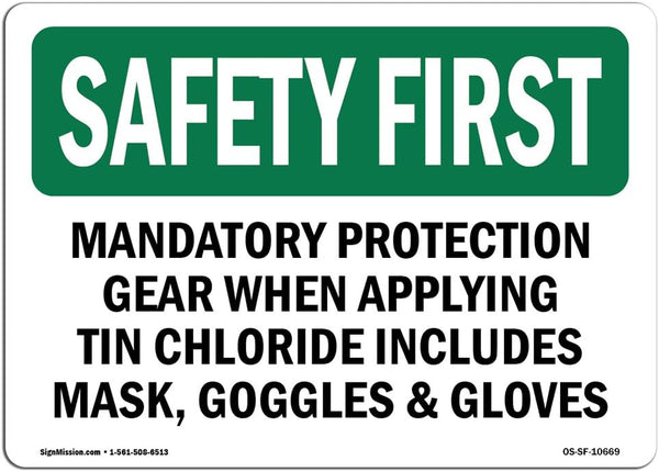 OSHA Safety First Sign - Mandatory Protection Gear When Applying | Vinyl Label Decal for Business, Work Site