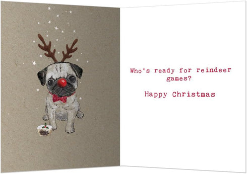 Tree-Free Greetings Holiday Greeting Cards, Pug Happy Christmas, Vintage Brown Recycled Paper, 10-Pack