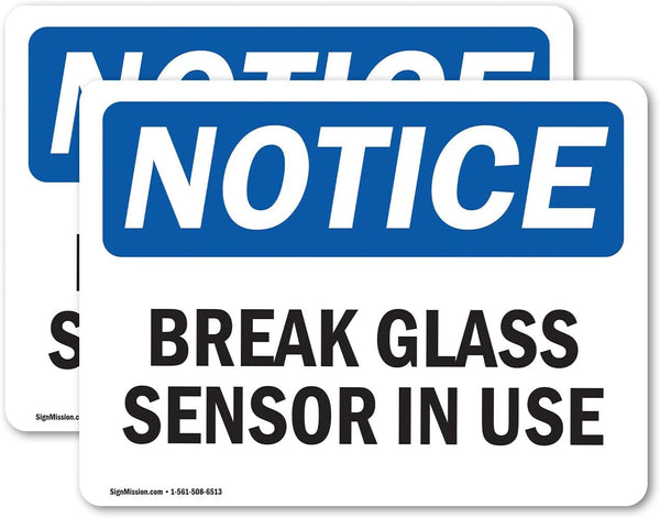 (2 Pack) Glass Break Sensor In Use OSHA Notice Sign - 5 Inch X 3.5 Inch Vinyl Label Decal