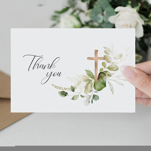 50 5 4 6in Communion, Thank You Cards with Envelopes, Watercolor Greenery Cross Designs x Blank Inside Thank You Card