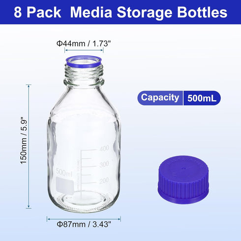 PATIKIL 8 Pack Reagent Media Storage Bottles, 500ml Borosilicate Glass Graduated Round Bottles with Cap