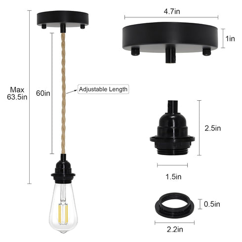 ASCMZOS E26 Hemp Rope Pendant Light Kit, Boho Pendant Light Fixture UL Lamp Holder Lamp Socket, Vintage Ceiling Lights