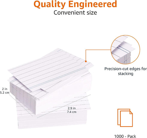 A8 (Pack 1000) Amazon Basics Ruled Index Cards - White