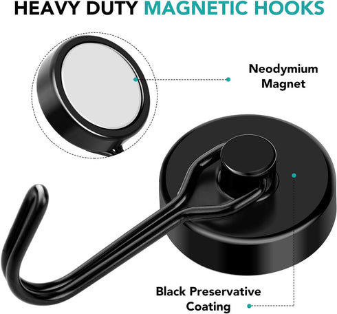 DIYMAG 8 Pack Black Magnetic Hooks, 110LBS Heavy Duty Strong Magnet Hooks with Metal Hanger for Home Kitchen Office