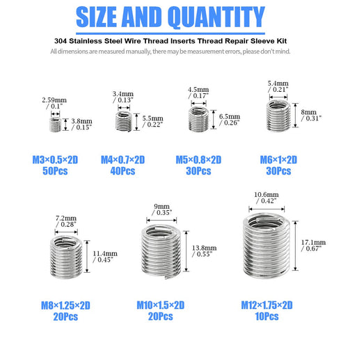 Glarks 200Pcs Assortment Kit, Wire Inserts Screws Sleeve, 304 Stainless Steel Metric M3 M4 M5 M6 M8 M10 M12 for