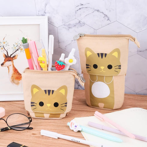 iSuperb Standing Pencil Pouch, Cute Cat Telescopic Zipper Canvas Pencil Bag for Kids