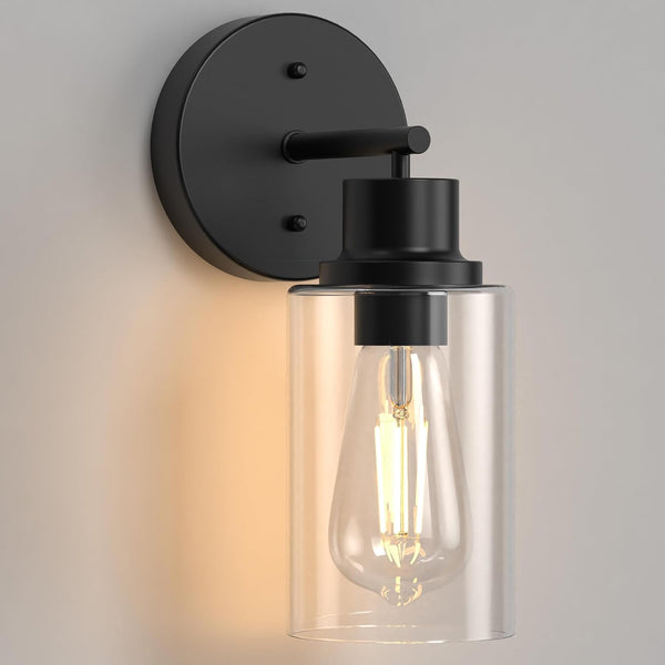 1-Light Black Bathroom Wall Sconce with Clear Glass Shade, Modern Vanity Light