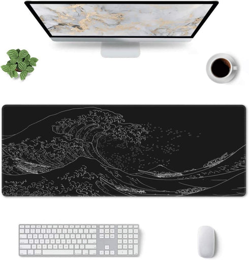 Japanese Sea Wave Extended Big Mouse Pad Large,XL Gaming Mouse Pad Desk Pad,31.5x11.8inch Long Computer Keyboard Mouse Mat Mousepad with 3mm Non-Slip Base and Stitched Edge for Home Office Work by BZU