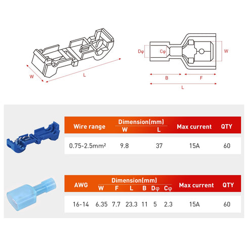 Nilight 120PCS/60 Pairs Quick Splice Disconnect Wire Terminals, T-Tap Spade Connectors for 16-14 AWG Male Female