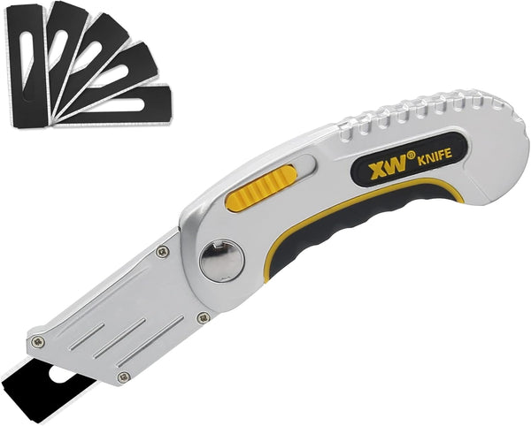XW Folding Carpet Knife, Heavy Duty Utility Razor Blade with Protective Cap, Extra 5 Blades Included