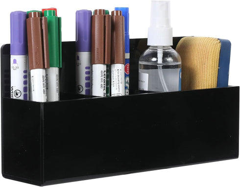 MyGift Black Acrylic Modern Dry Erase Marker Holder, Wall Mounted Office Supplies Storage Rack with 3 Compartments