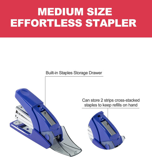 Effortless Standard Stapler Set, Dark Blue, 20 Sheet Capacity, Half Strip, Built-in Staples Storage, 1000 Staples