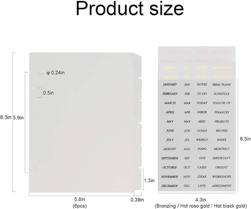 Multibey A5 Dividers - 6-Tabs with Tab Sticker Labels, 6-Ring A5 Plastic Binder Index Dividers, Translucent Set of 6