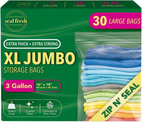 Seal Fresh 3 Gallon Large Plastic Storage Bags 16" x 18" (30