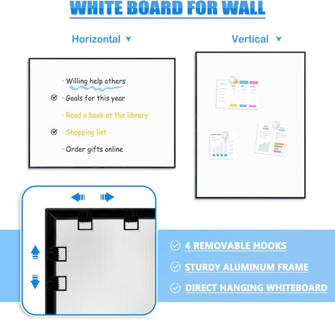 Magnetic Whiteboard - 24"x18" Black Aluminum Frame Dry Erase Board with 6 Magnets, 4 Markers & 1 Eraser