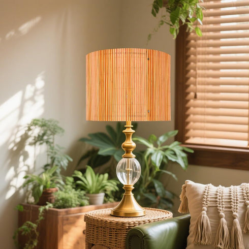 Generic 11.8x9 Inch Bamboo Lamp Shade with Colorful Lines, Modern Bohemian Translucent Barrel Style, Decorative Art