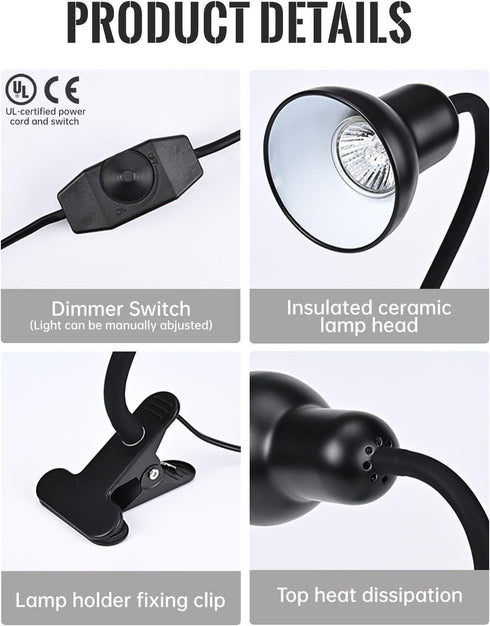 60W E26 (Dimmable Clip On Gooseneck Lamp - Max, Ceramic Fire-Resistant Socket, Classic Durable Switch, Adjustable