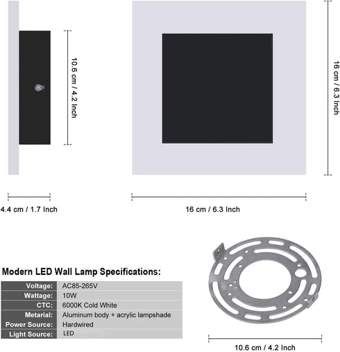 10W Non-Dimmable 6000K Kawell Square Acrylic LED Wall Sconce Hardwired Black Wall Light Fixture for Bedroom, Living