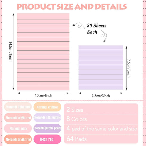 Yexiya 64 Pcs Lined Sticky Notes, Self Stick Notes with Lines, Bright Assorted Colors, 1920 Sheets (4 x 6 Inch, 3 x 3