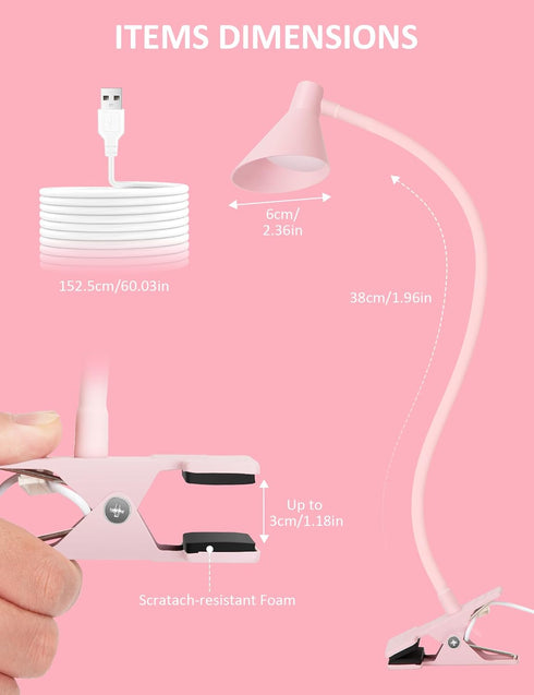 3 10 Dimmable BL08 LiFMIRA Pink Small Desk Lamp Clip on LED Reading Light for Bed, Color Modes Brightness, Book in Bed