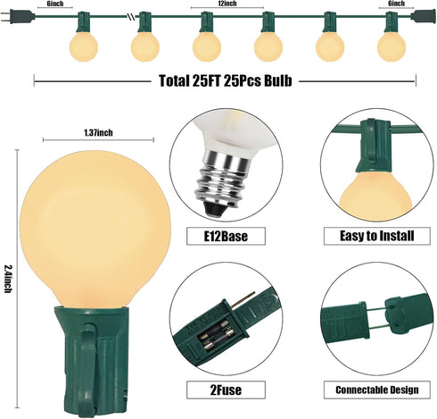 G40 25FT 27 Bulbs, G40 Umbrella-5W Abeja Outdoor String Light, Frosted White Christmas String Lights with Frosted White