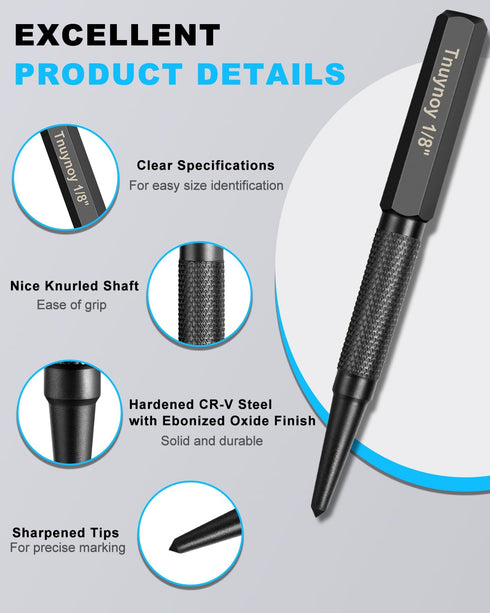 Tnuynoy 4-Piece Set, 3/32", 1/32", 1/16" Setter 1/8" Nail Punch and Center Punch Hardened Cr-V Steel with Non-Slip