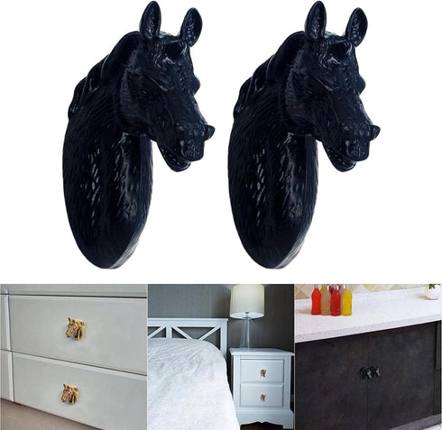Frolahouse 4 Sets Drawer Knobs, Zinc Alloy Black Handle Horse Head Pull Cupboard Pulls, for Bedside Cabinets Home