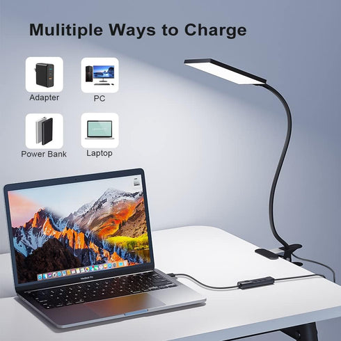 LED Desk Lamp with Clamp for Home Office, Dimmable Clip-On Light with USB Port, 3 Color Modes, Flexible Gooseneck