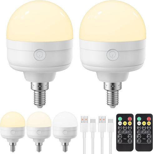 Rechargeable Light Bulbs with Remote Control Timer, 3 Color Temperature Options, E12, 2 Pack Battery Operated