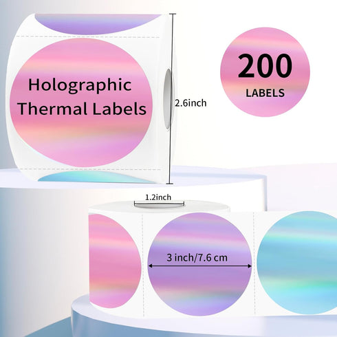 Yegawen 3" 4 Circle Holographic Thermal Label Stickers, Round Printable Labels Rainbow Glitter Thermal Printer Sticker