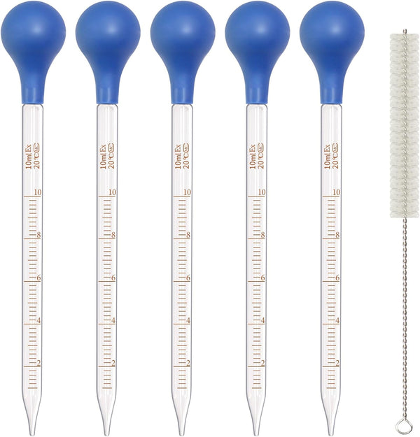 5 Pack 10ml Glass Pipette Dropper with 1 Pc Cleaning Brush for Liquid Essential Oil Transfer