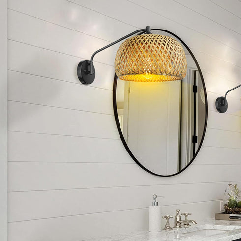 Natural Rattan Wall Sconce, Mini Bamboo Wall Light Fixture, Handmade Boho Rattan Light, Farmhouse Light Fixtures