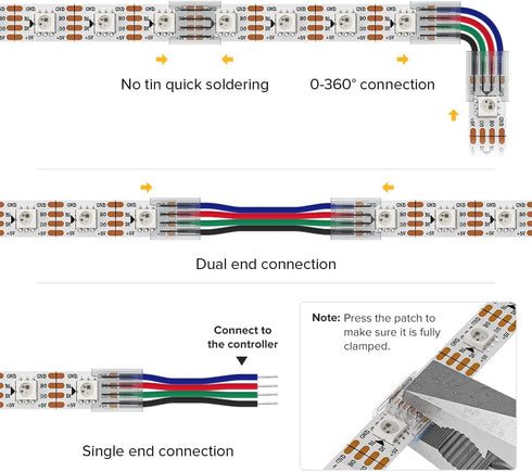 BTF-LIGHTING 4 Pin 10mm 0.39in Width Transparent Connector Kit 8pcs Corner Connector 4pcs Gapless Solderless Connector 4pcs 5.9in Long 22AWG Extension Wires Support WS2815 WS2813 etc SMD LED Strip by BTF-LIGHTING