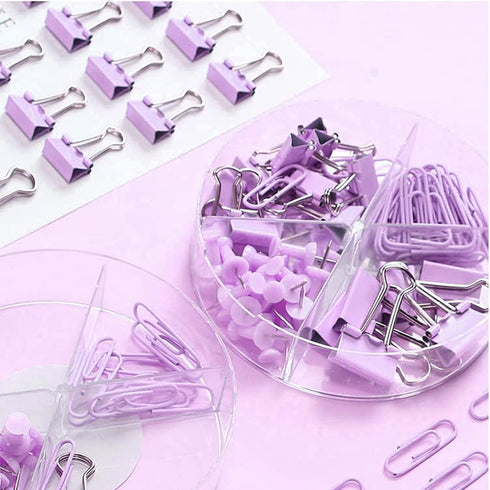 Purple Paper Clips and Binder Clips Set, 216 pcs, Cute Metal Assorted Sized Binders with Push Pins