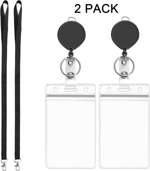 YOUOWO Black Lanyards with ID Badge Holder, 4x3 Vertical and Retractable Badge Reel Protector, 2 Pack