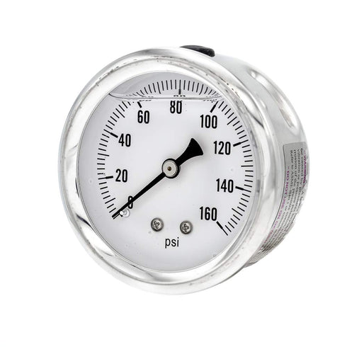 PIC Gauge S202L-254F: 2.5" Dial Pressure Gauge, 0/160 psi Range, Glycerine Filled, Stainless Steel Case, Brass Internals
